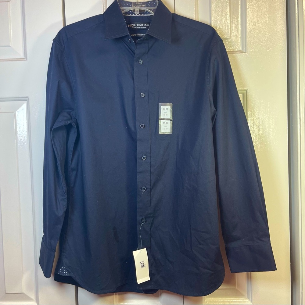 Nick Graham Everywhere Collection Navy‎ Modern-Fit Stretch Dress Shirt NWT M11